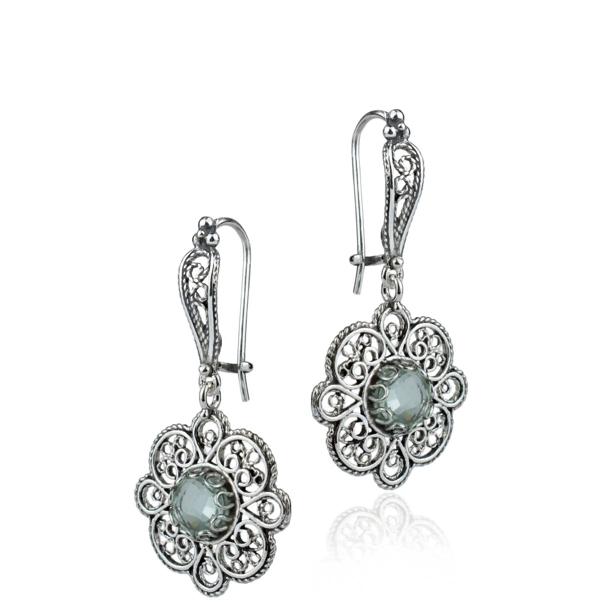 Sterling Silver Filigree Art Prasiolite Gemstone Women Dangle Drop Earrings - Drakoi Marketplace