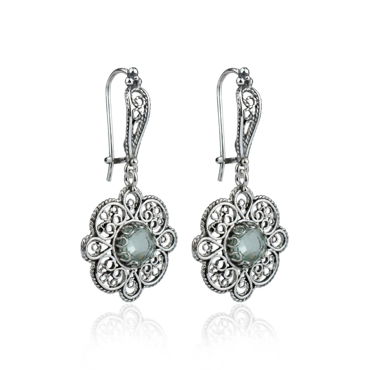 Sterling Silver Filigree Art Prasiolite Gemstone Women Dangle Drop Earrings - Drakoi Marketplace