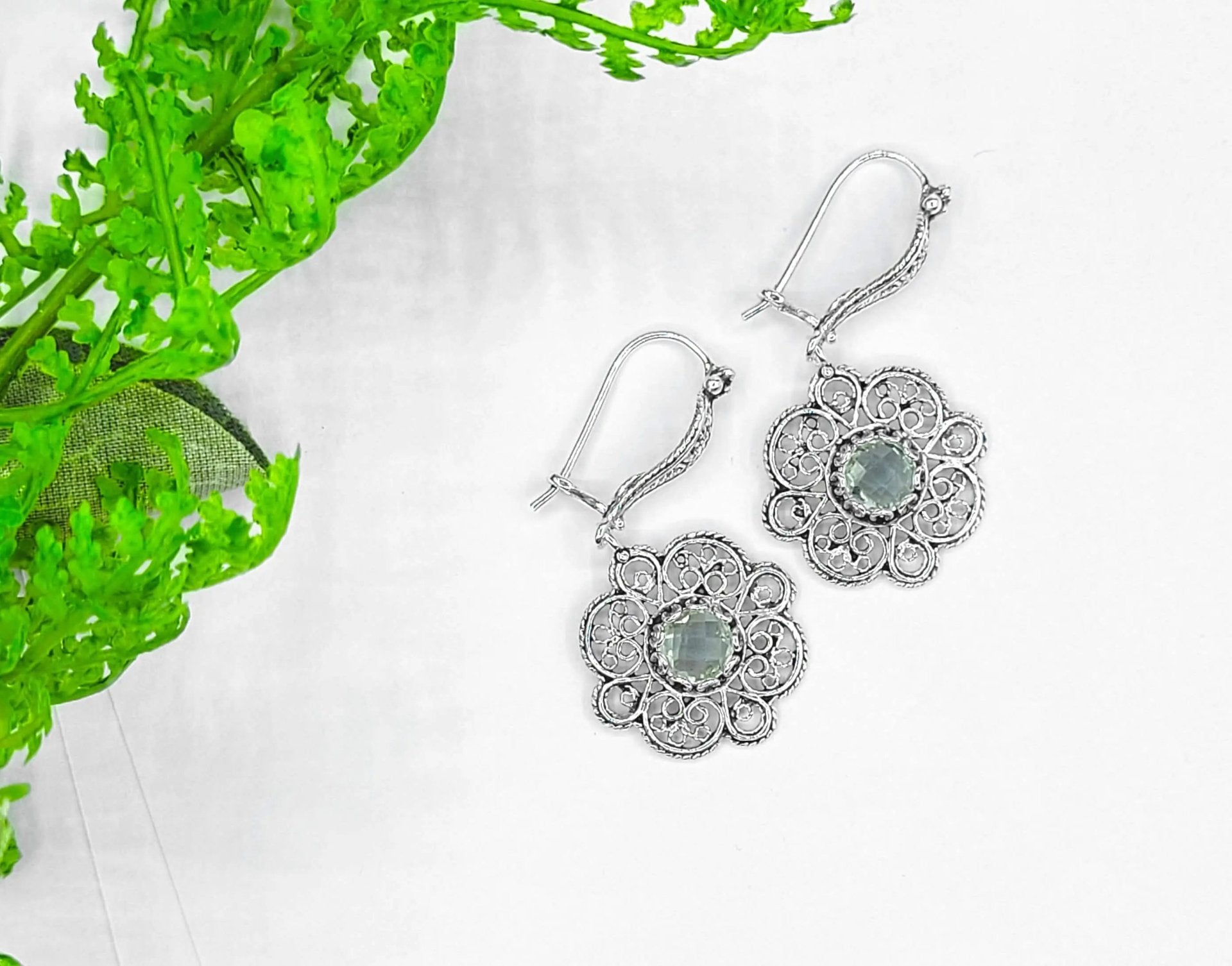 Sterling Silver Filigree Art Prasiolite Gemstone Women Dangle Drop Earrings - Drakoi Marketplace