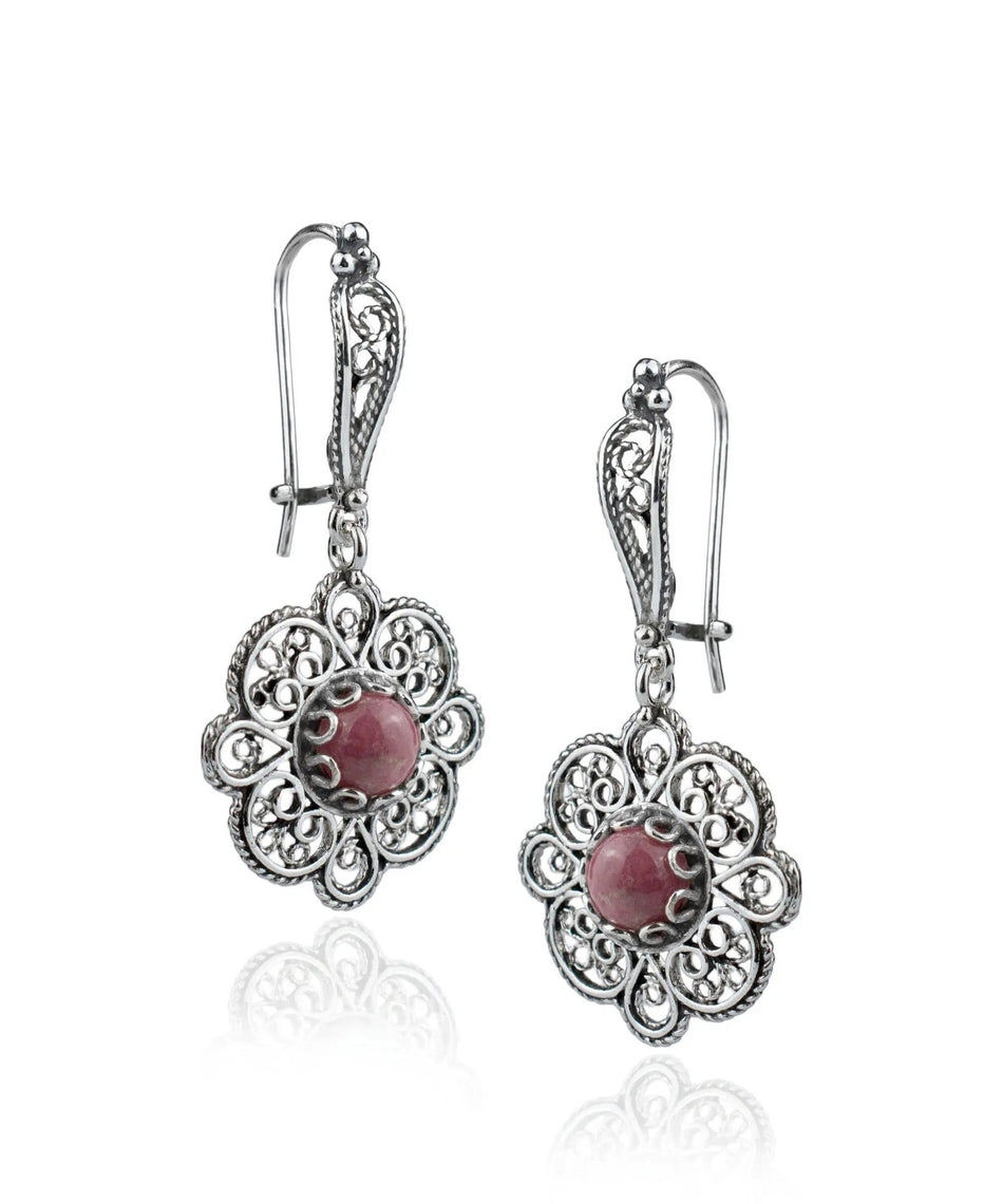 Sterling Silver Filigree Art Rhodonite Gemstone Women Dangle Drop Earrings - Drakoi Marketplace