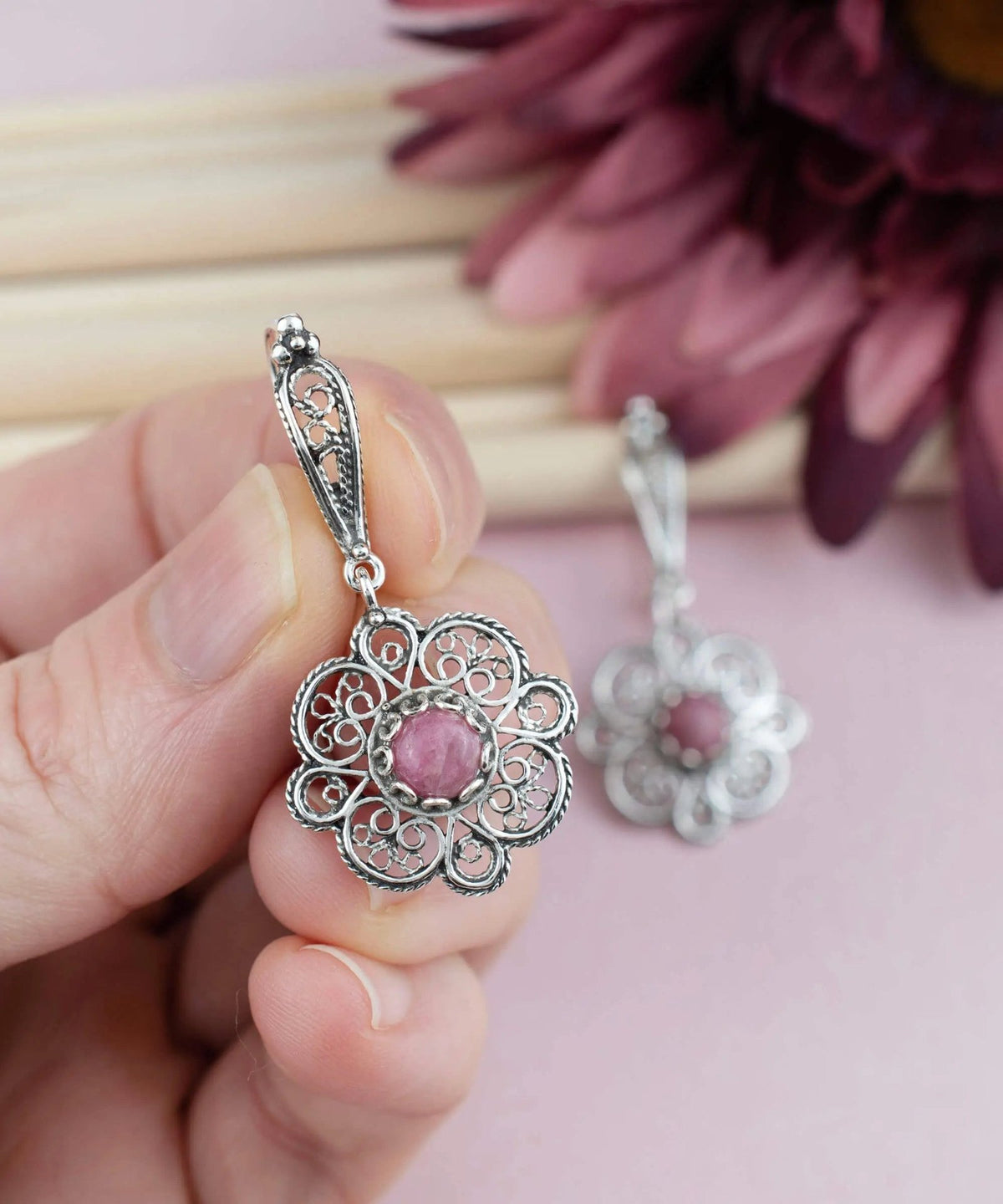 Sterling Silver Filigree Art Rhodonite Gemstone Women Dangle Drop Earrings - Drakoi Marketplace