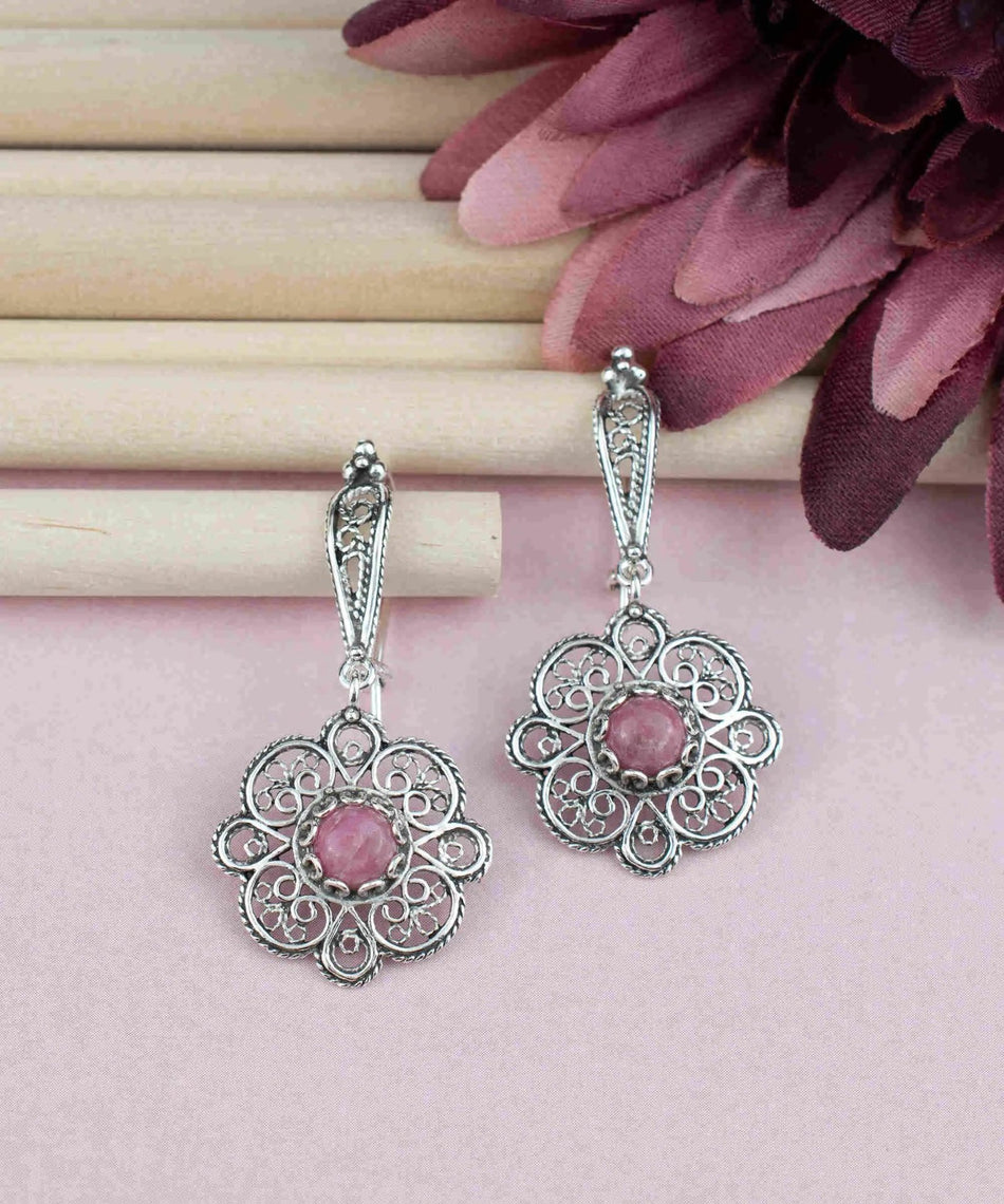 Sterling Silver Filigree Art Rhodonite Gemstone Women Dangle Drop Earrings - Drakoi Marketplace