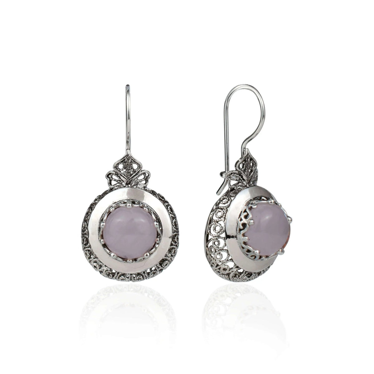 Sterling Silver Filigree Art Rose Quartz Gemstone Drop Earrings - Drakoi Marketplace