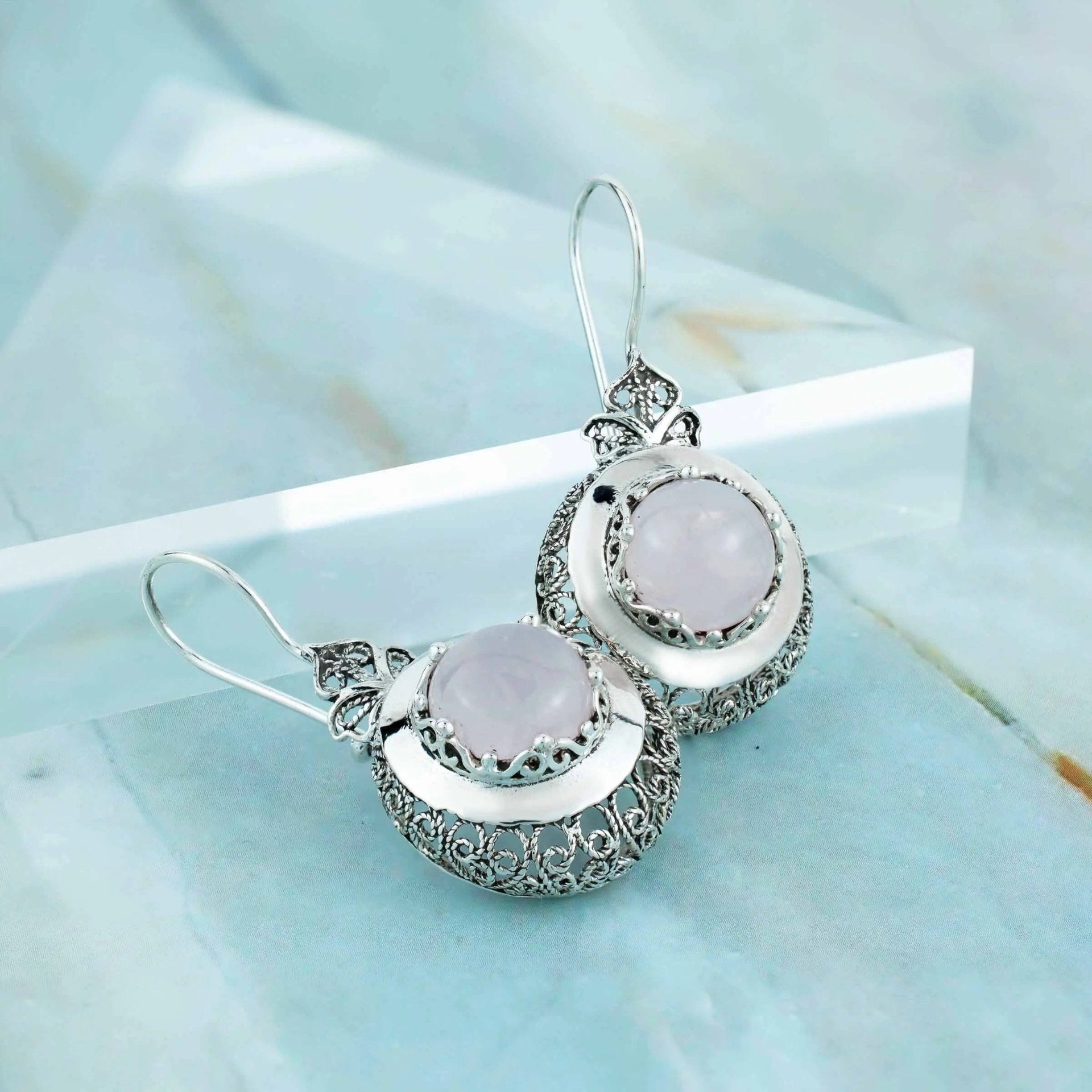 Sterling Silver Filigree Art Rose Quartz Gemstone Drop Earrings - Drakoi Marketplace