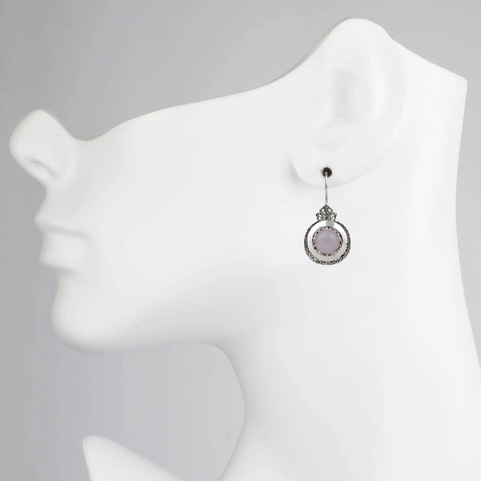 Sterling Silver Filigree Art Rose Quartz Gemstone Drop Earrings - Drakoi Marketplace