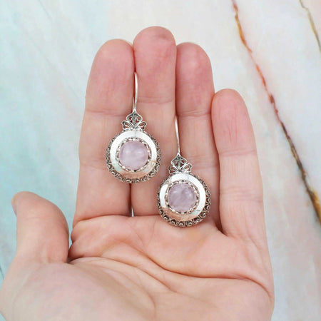 Sterling Silver Filigree Art Rose Quartz Gemstone Drop Earrings - Drakoi Marketplace