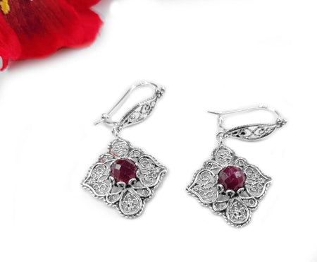 Sterling Silver Filigree Art Ruby Corundum Gemstone Women Dangle Drop Earrings - Drakoi Marketplace