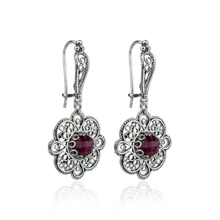 Sterling Silver Filigree Art Ruby Corundum Gemstone Women Dangle Drop Earrings - Drakoi Marketplace