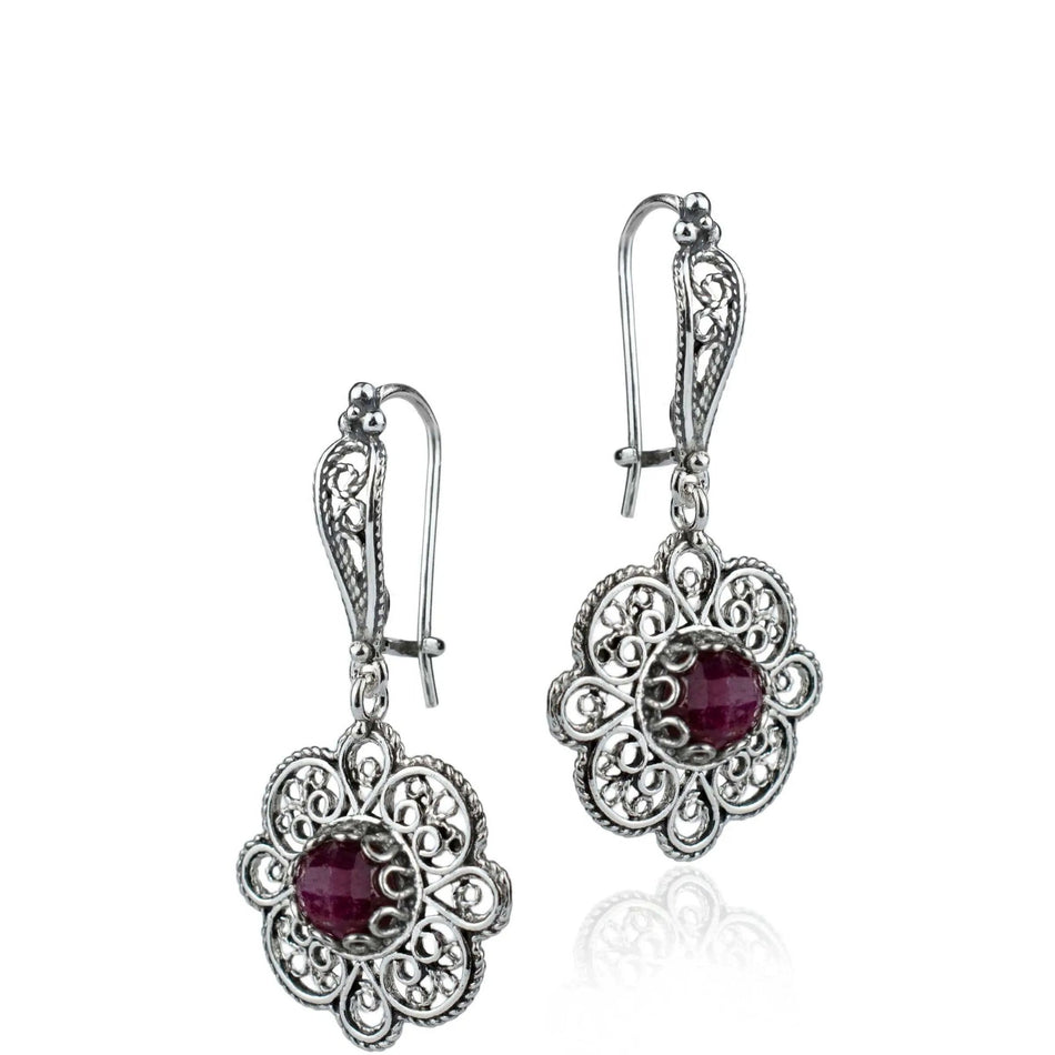 Sterling Silver Filigree Art Ruby Corundum Gemstone Women Dangle Drop Earrings - Drakoi Marketplace