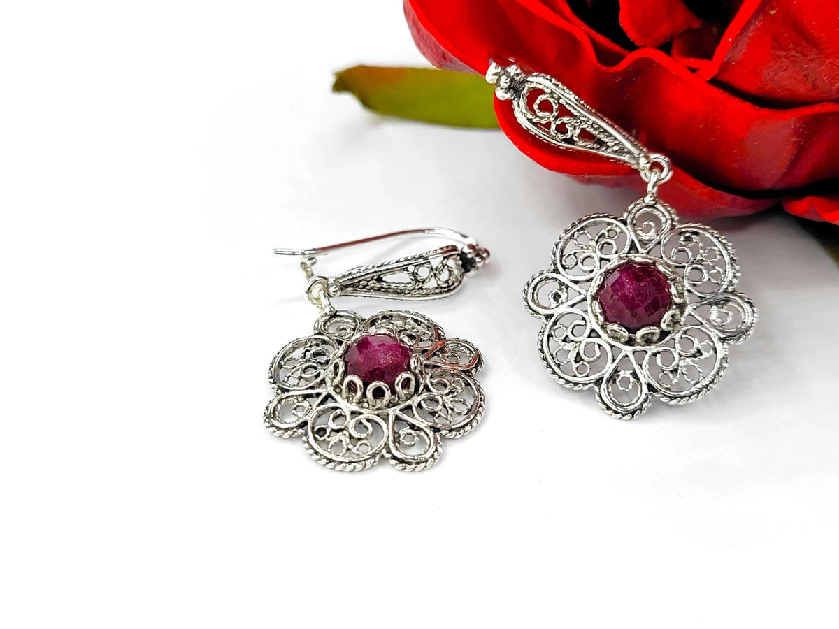 Sterling Silver Filigree Art Ruby Corundum Gemstone Women Dangle Drop Earrings - Drakoi Marketplace