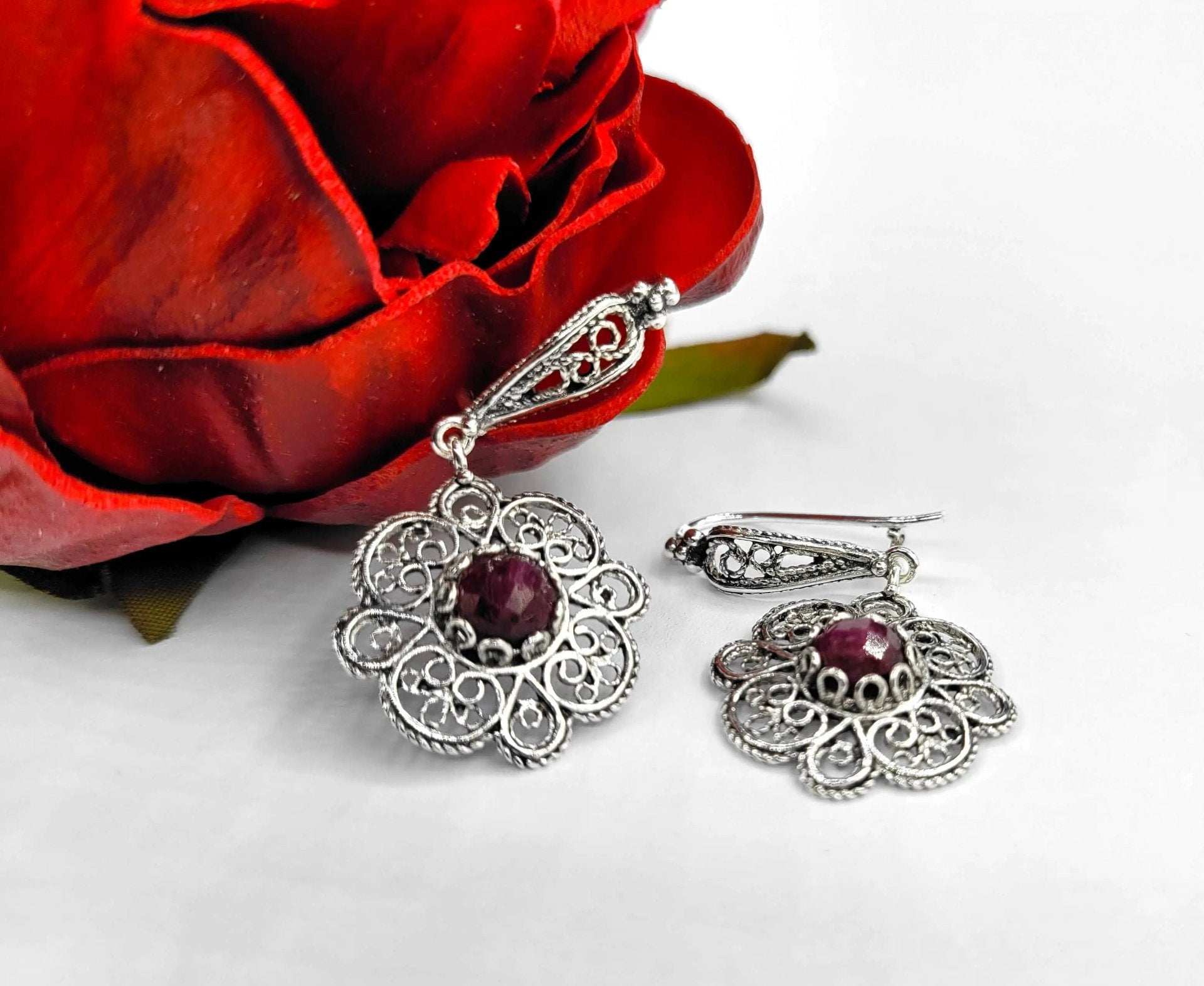 Sterling Silver Filigree Art Ruby Corundum Gemstone Women Dangle Drop Earrings - Drakoi Marketplace