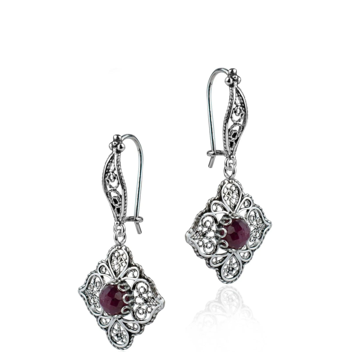 Sterling Silver Filigree Art Ruby Corundum Gemstone Women Dangle Drop Earrings - Drakoi Marketplace