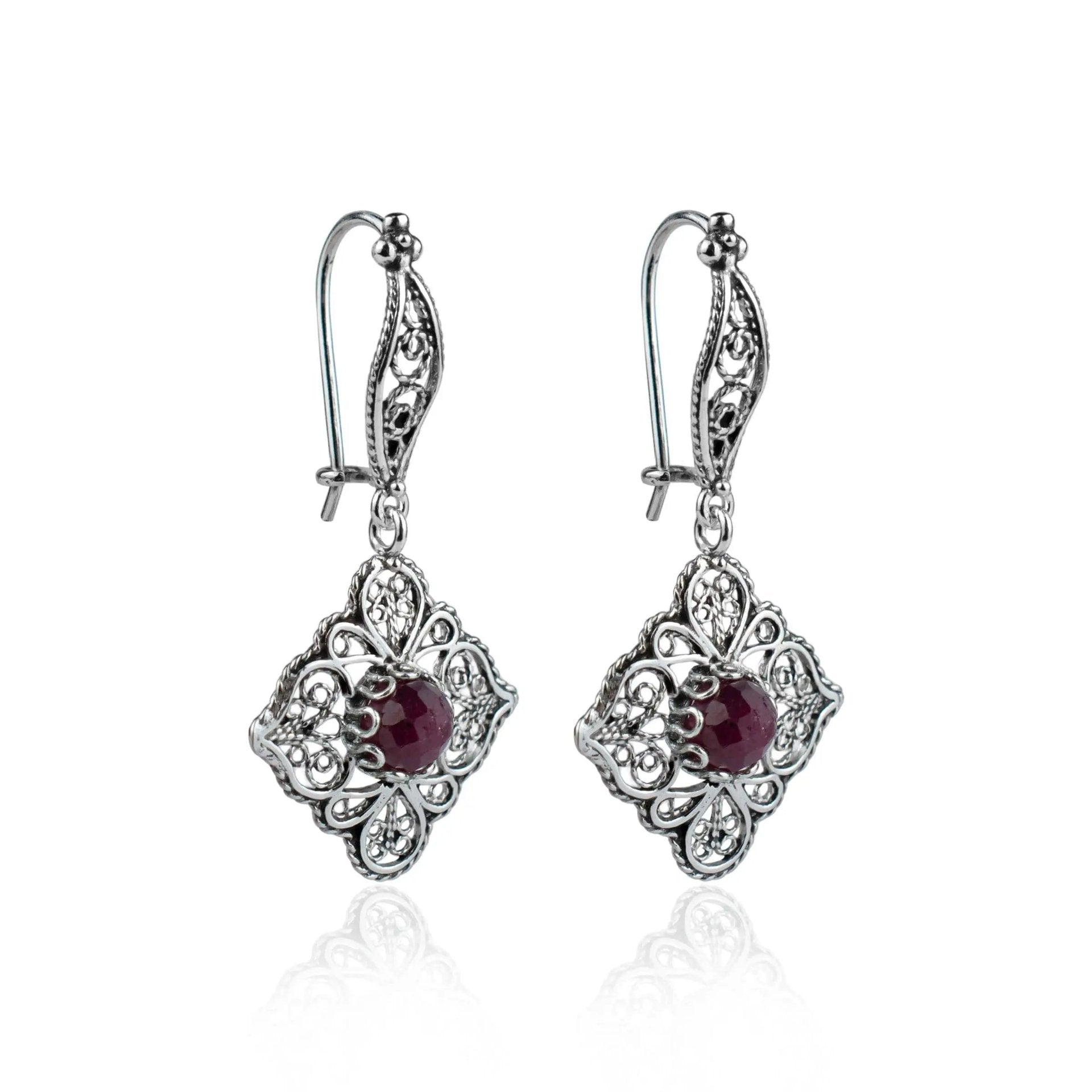 Sterling Silver Filigree Art Ruby Corundum Gemstone Women Dangle Drop Earrings - Drakoi Marketplace