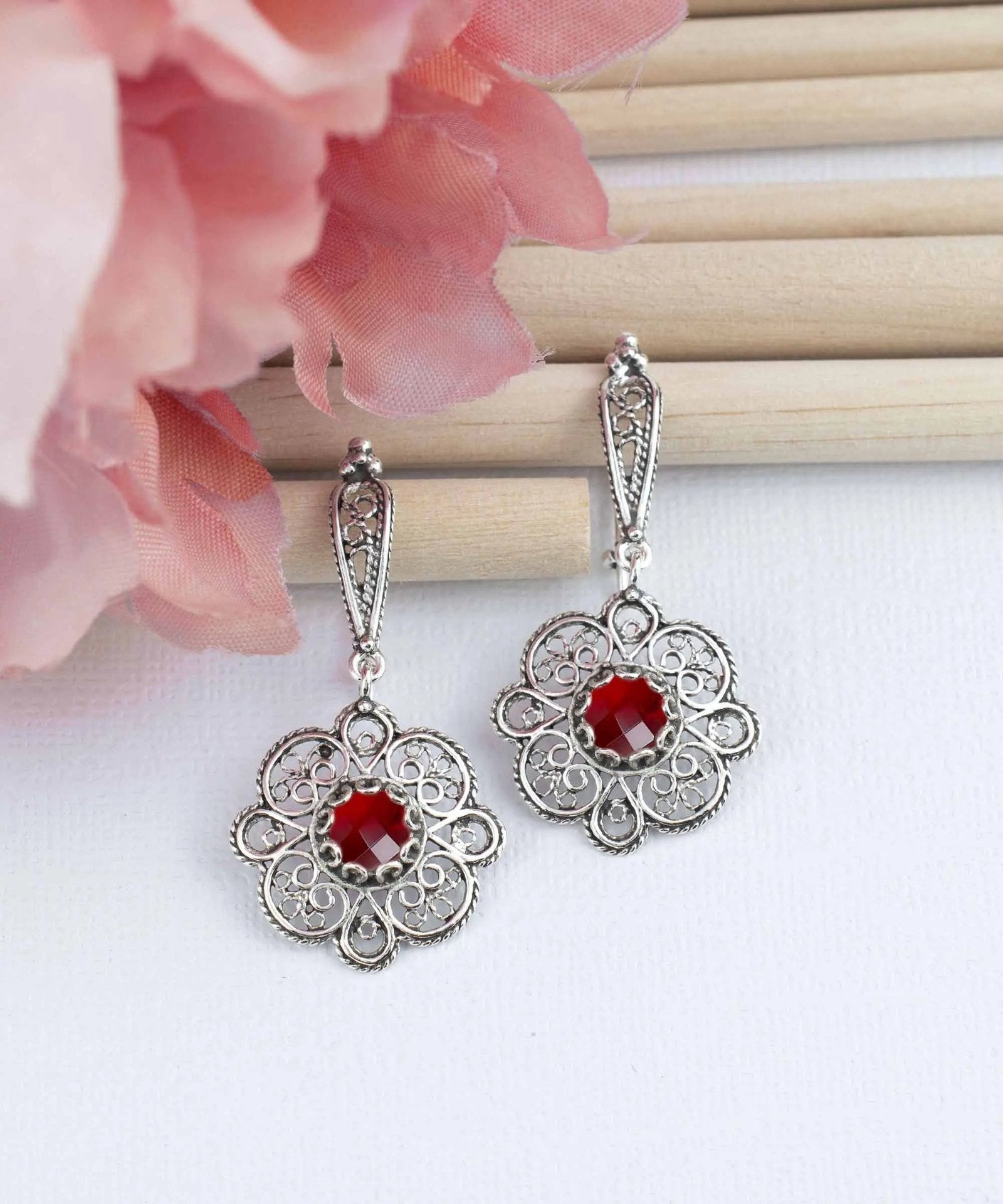 Sterling Silver Filigree Art Ruby Gemstone Women Dangle Drop Earrings - Drakoi Marketplace