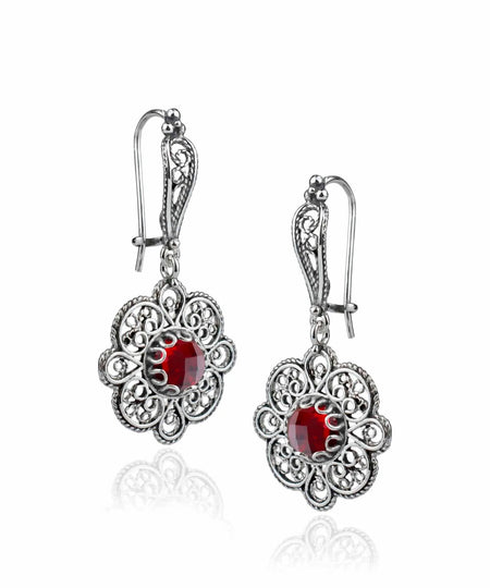 Sterling Silver Filigree Art Ruby Gemstone Women Dangle Drop Earrings - Drakoi Marketplace