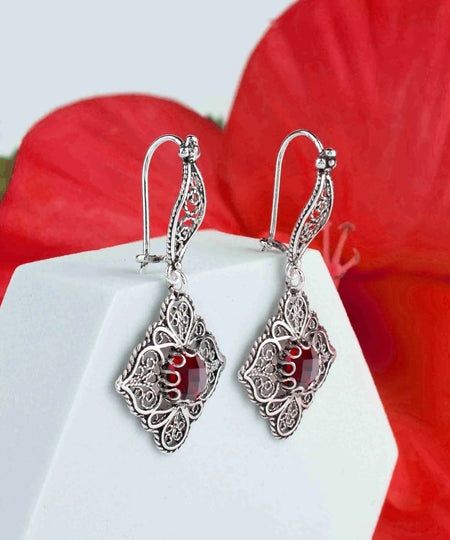 Sterling Silver Filigree Art Ruby Gemstone Women Dangle Drop Earrings - Drakoi Marketplace