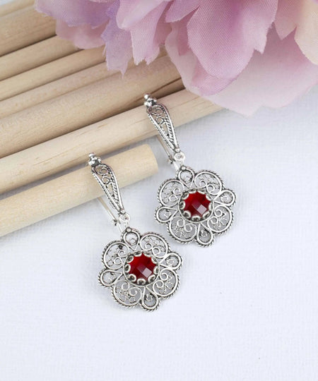 Sterling Silver Filigree Art Ruby Gemstone Women Dangle Drop Earrings - Drakoi Marketplace