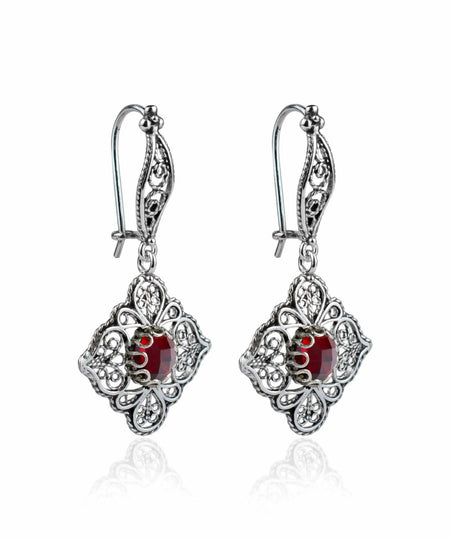 Sterling Silver Filigree Art Ruby Gemstone Women Dangle Drop Earrings - Drakoi Marketplace