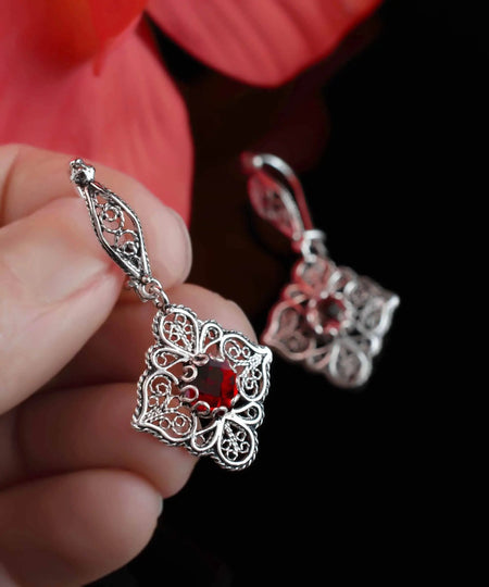 Sterling Silver Filigree Art Ruby Gemstone Women Dangle Drop Earrings - Drakoi Marketplace