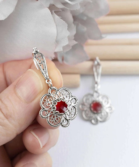 Sterling Silver Filigree Art Ruby Gemstone Women Dangle Drop Earrings - Drakoi Marketplace