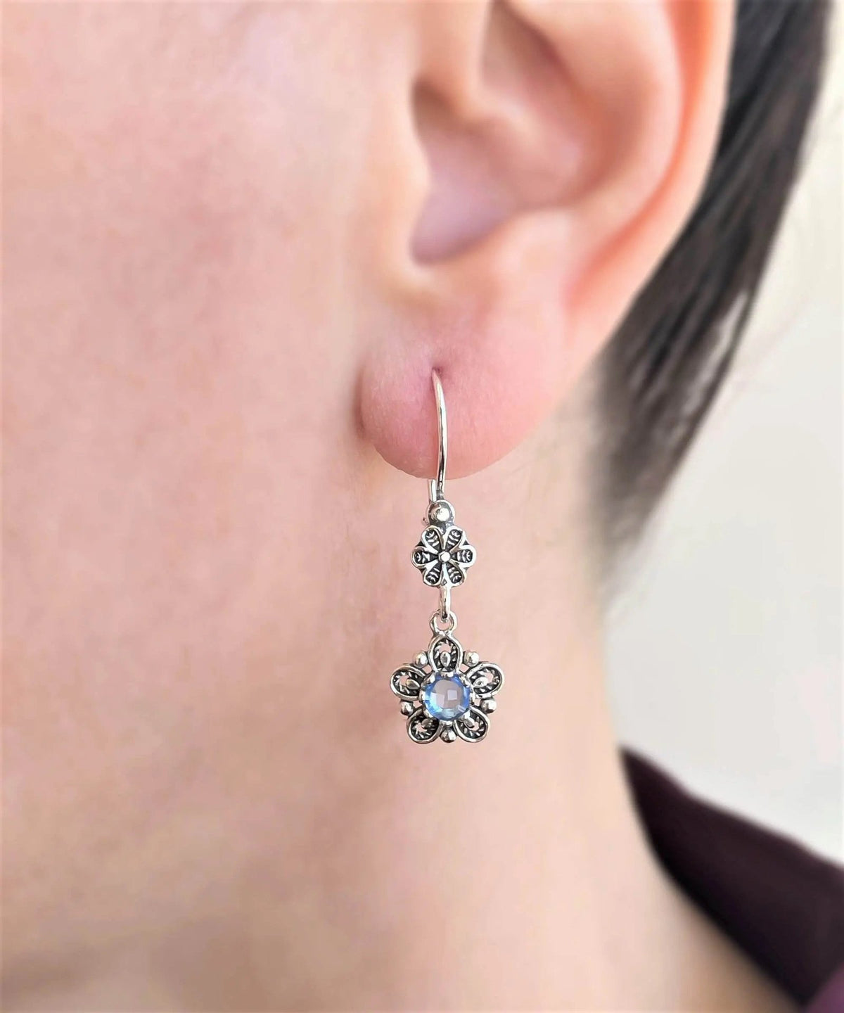 Sterling Silver Filigree Art Star Gemstone Women Dangle Earrings - Drakoi Marketplace