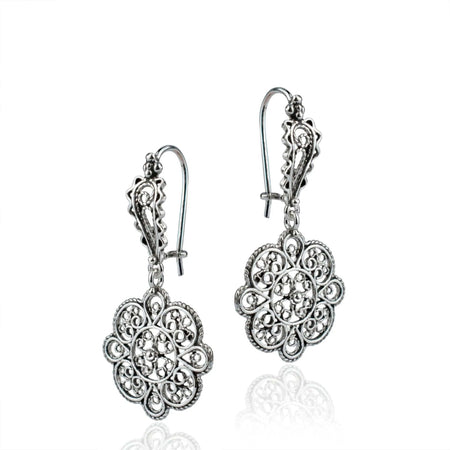 Sterling Silver Filigree Art Sun Figured Women Dangle Drop Earrings - Drakoi Marketplace