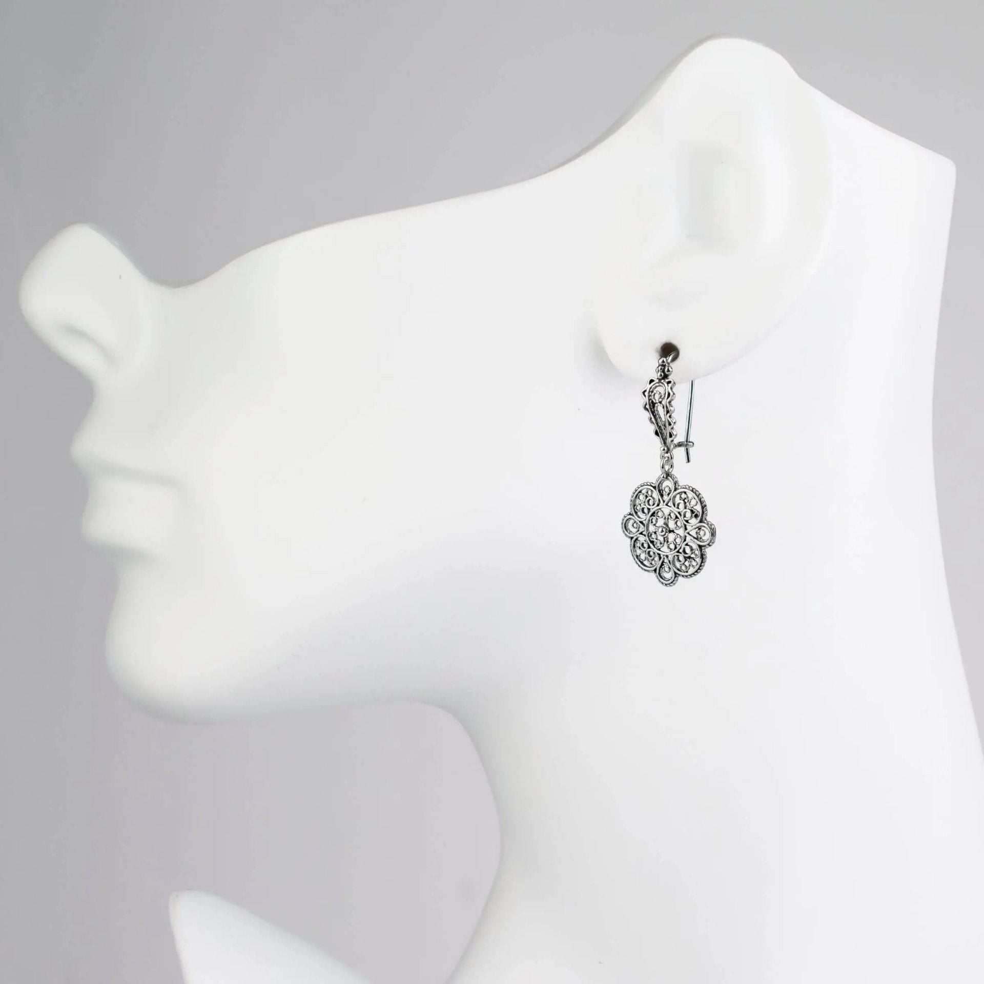 Sterling Silver Filigree Art Sun Figured Women Dangle Drop Earrings - Drakoi Marketplace