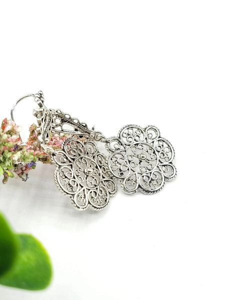 Sterling Silver Filigree Art Sun Figured Women Dangle Drop Earrings - Drakoi Marketplace