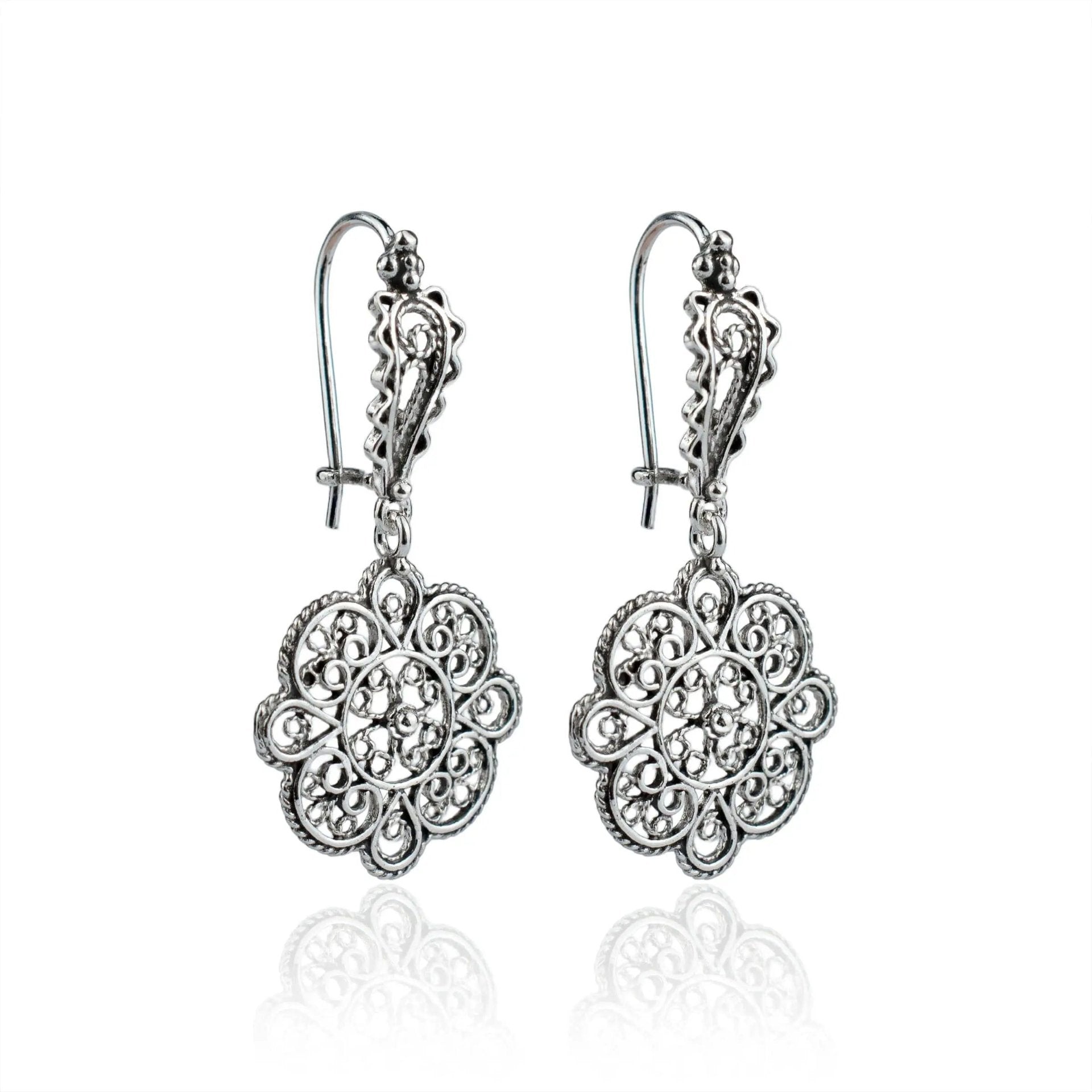 Sterling Silver Filigree Art Sun Figured Women Dangle Drop Earrings - Drakoi Marketplace