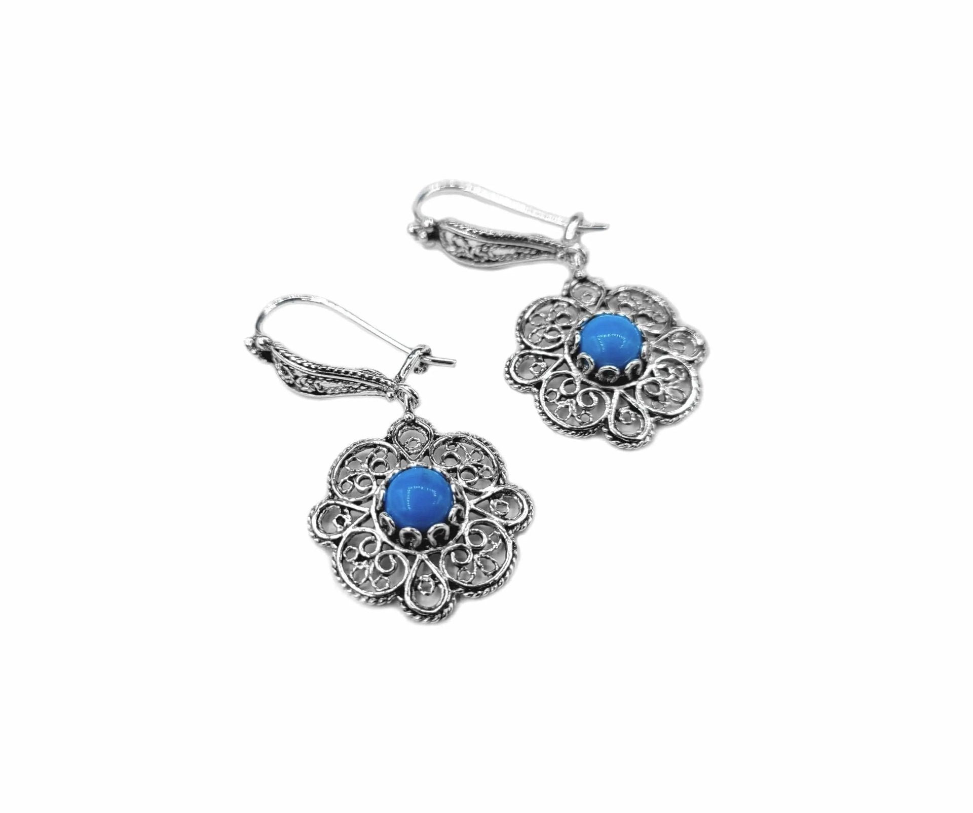 Sterling Silver Filigree Art Turquoise Gemstone Women Dangle Drop Earrings - Drakoi Marketplace