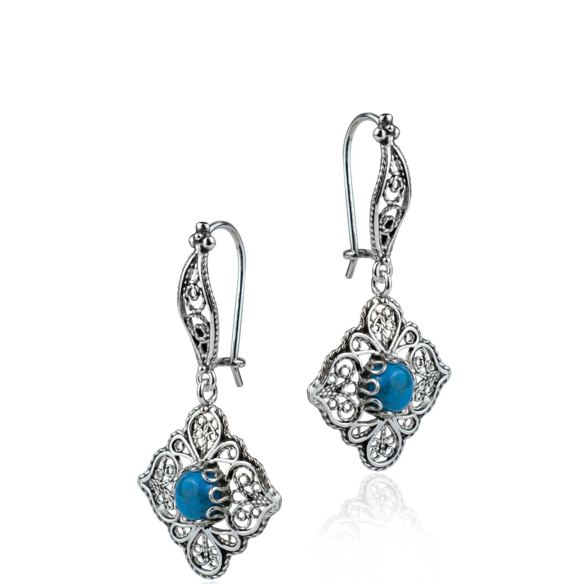 Sterling Silver Filigree Art Turquoise Gemstone Women Dangle Drop Earrings - Drakoi Marketplace