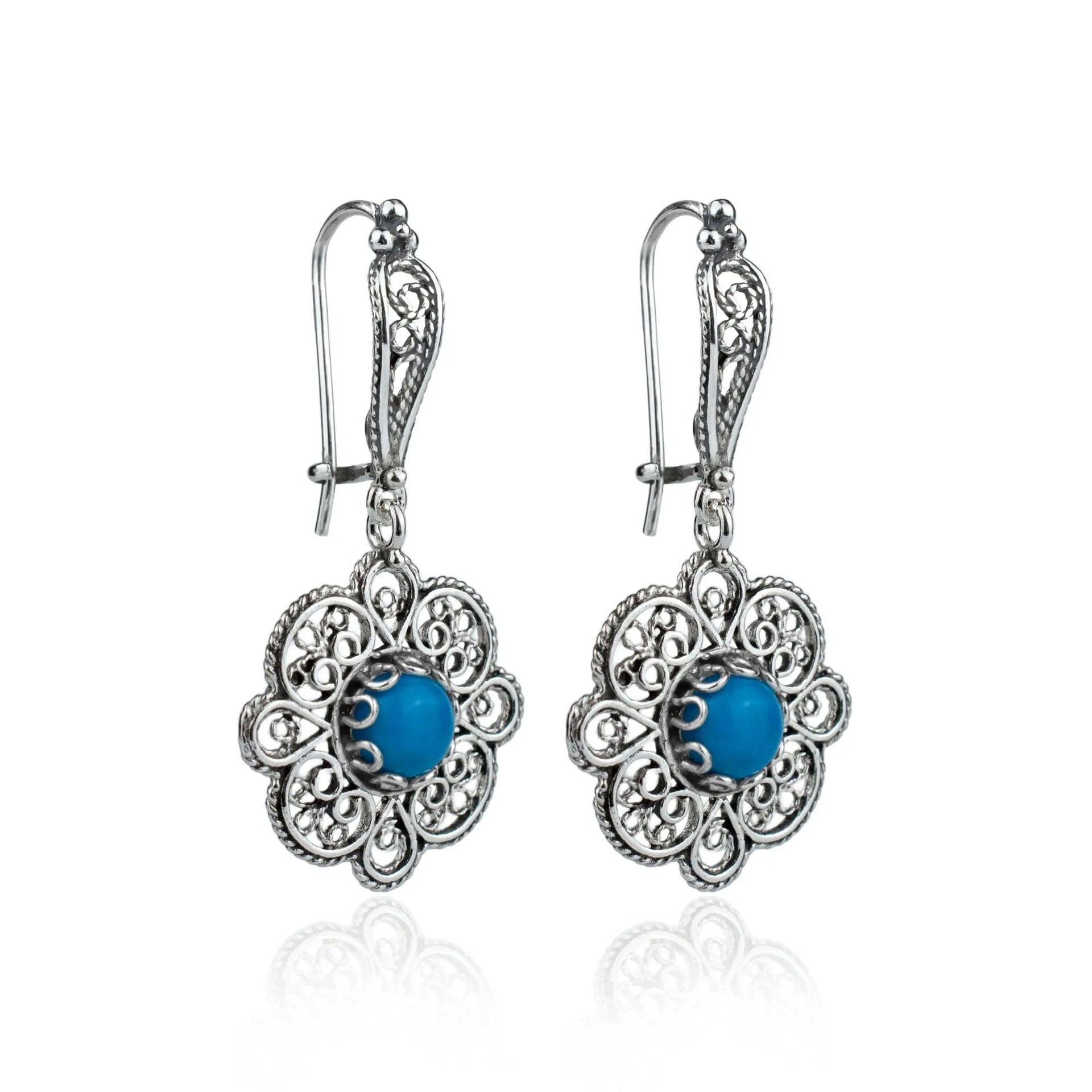 Sterling Silver Filigree Art Turquoise Gemstone Women Dangle Drop Earrings - Drakoi Marketplace