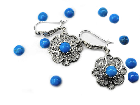 Sterling Silver Filigree Art Turquoise Gemstone Women Dangle Drop Earrings - Drakoi Marketplace