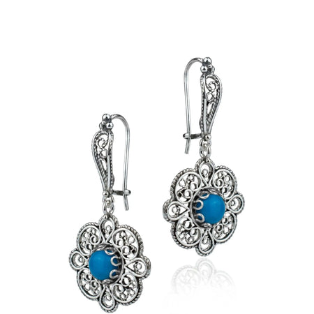 Sterling Silver Filigree Art Turquoise Gemstone Women Dangle Drop Earrings - Drakoi Marketplace