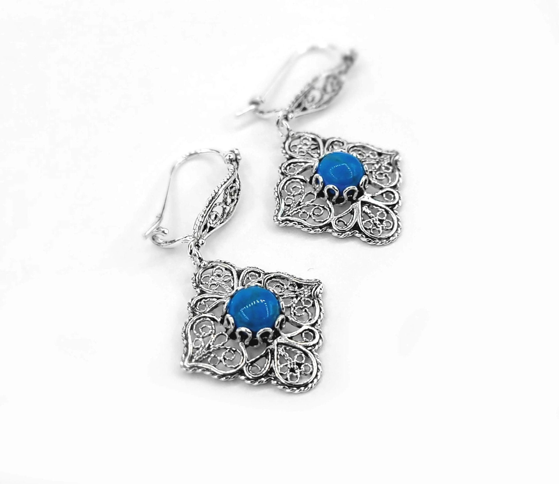 Sterling Silver Filigree Art Turquoise Gemstone Women Dangle Drop Earrings - Drakoi Marketplace