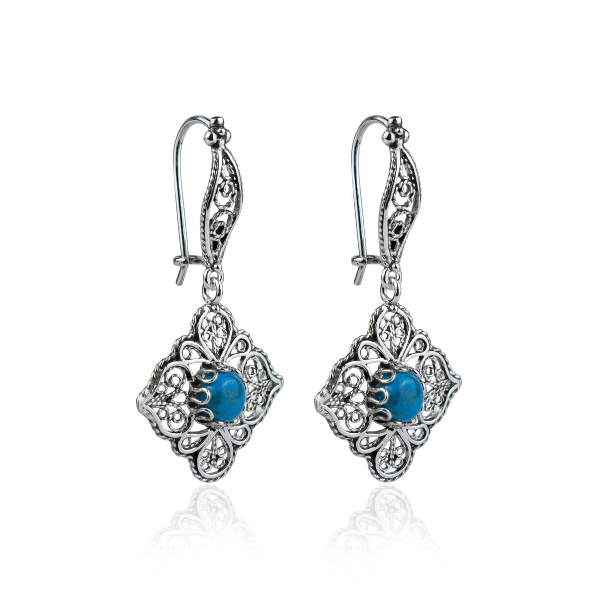 Sterling Silver Filigree Art Turquoise Gemstone Women Dangle Drop Earrings - Drakoi Marketplace