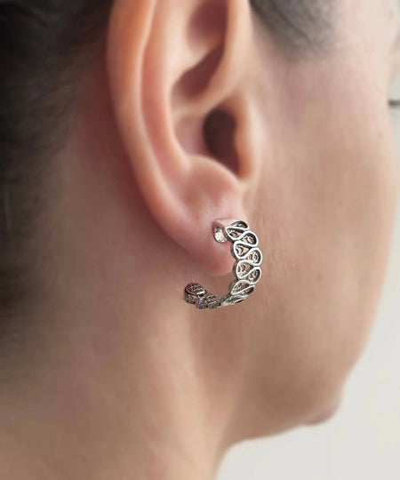 Sterling Silver Filigree Art Women Drop Figured C Hoop Stud Earrings - Drakoi Marketplace