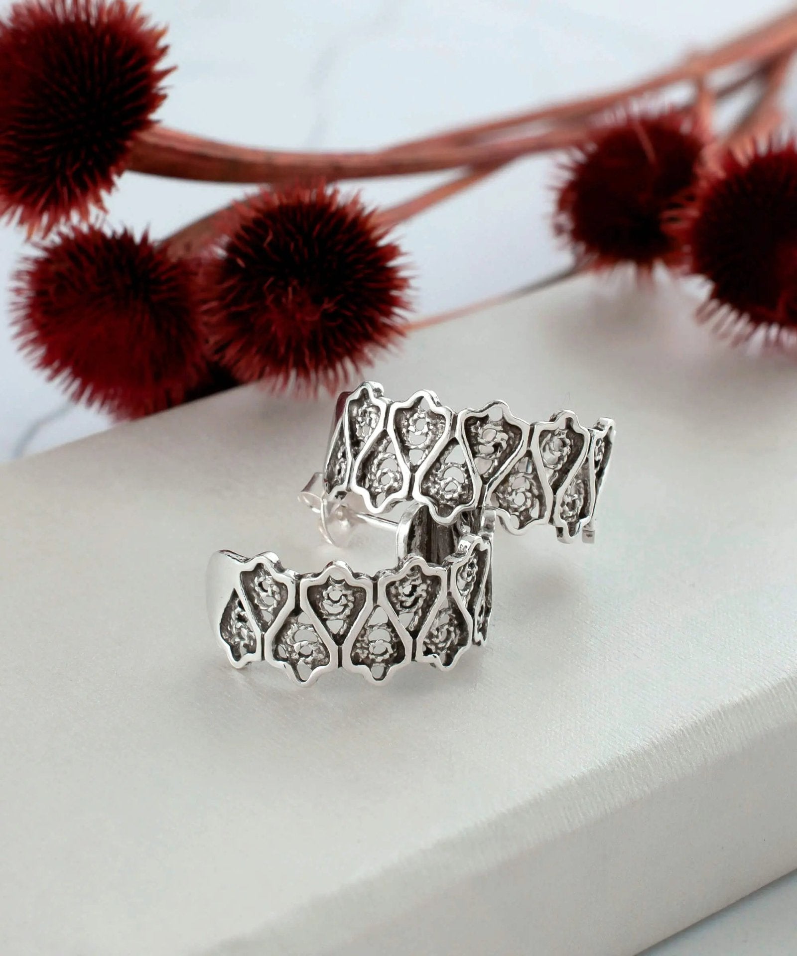 Sterling Silver Filigree Art Women Tulip C Hoop Stud Earrings - Drakoi Marketplace