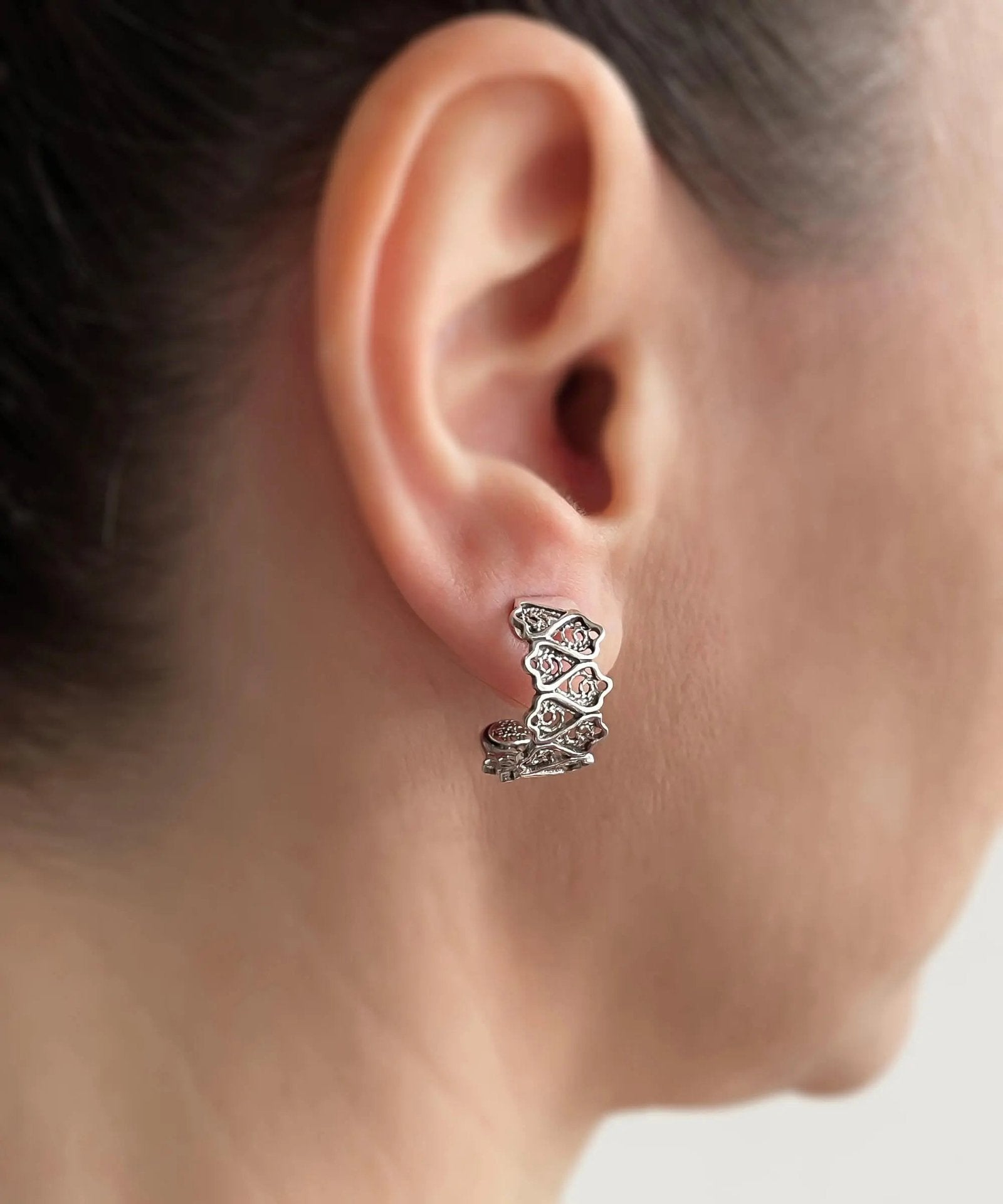 Sterling Silver Filigree Art Women Tulip C Hoop Stud Earrings - Drakoi Marketplace