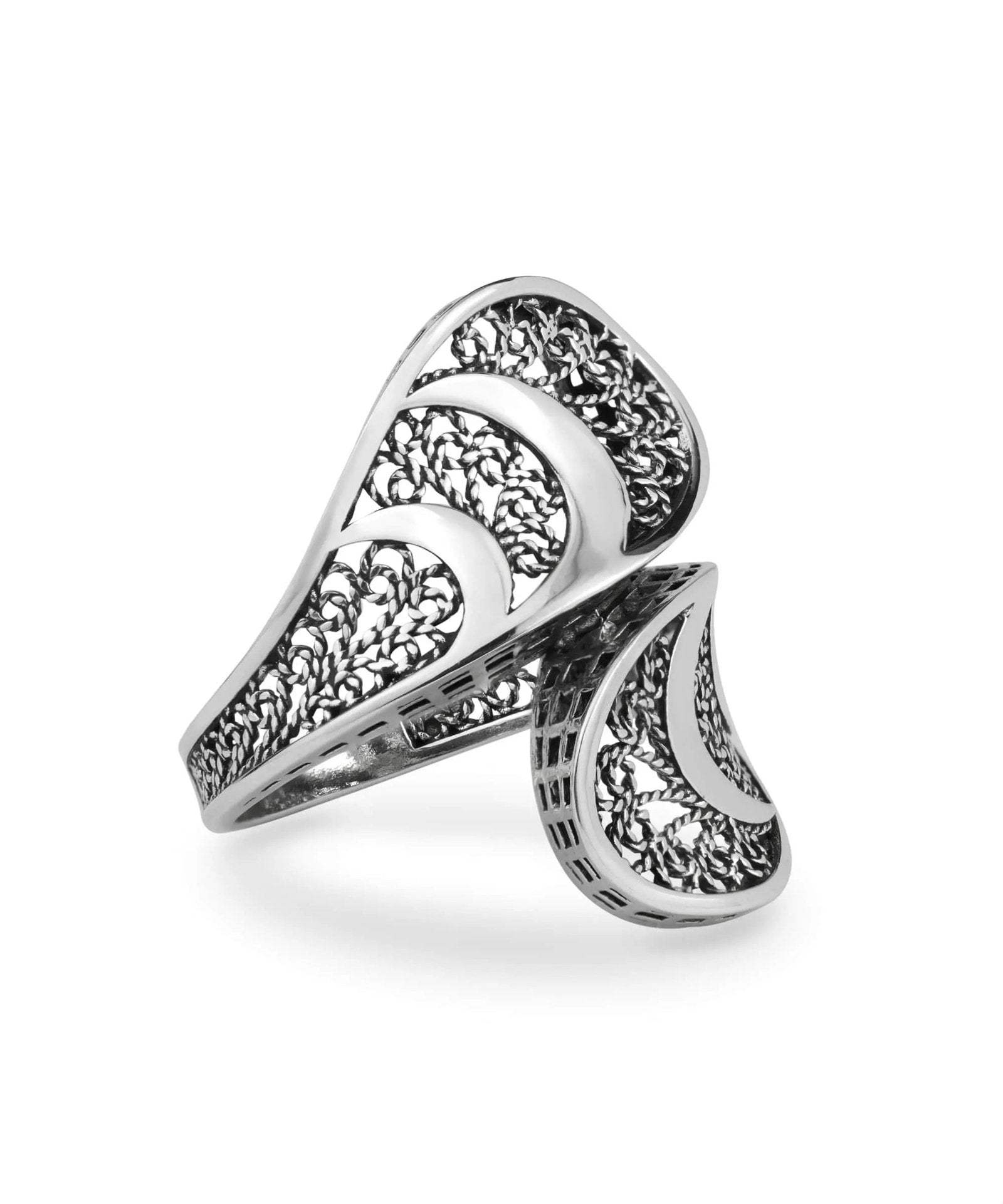 Sterling Silver Filigree Art Women Twisted Bypass Cocktail Ring - Drakoi Marketplace