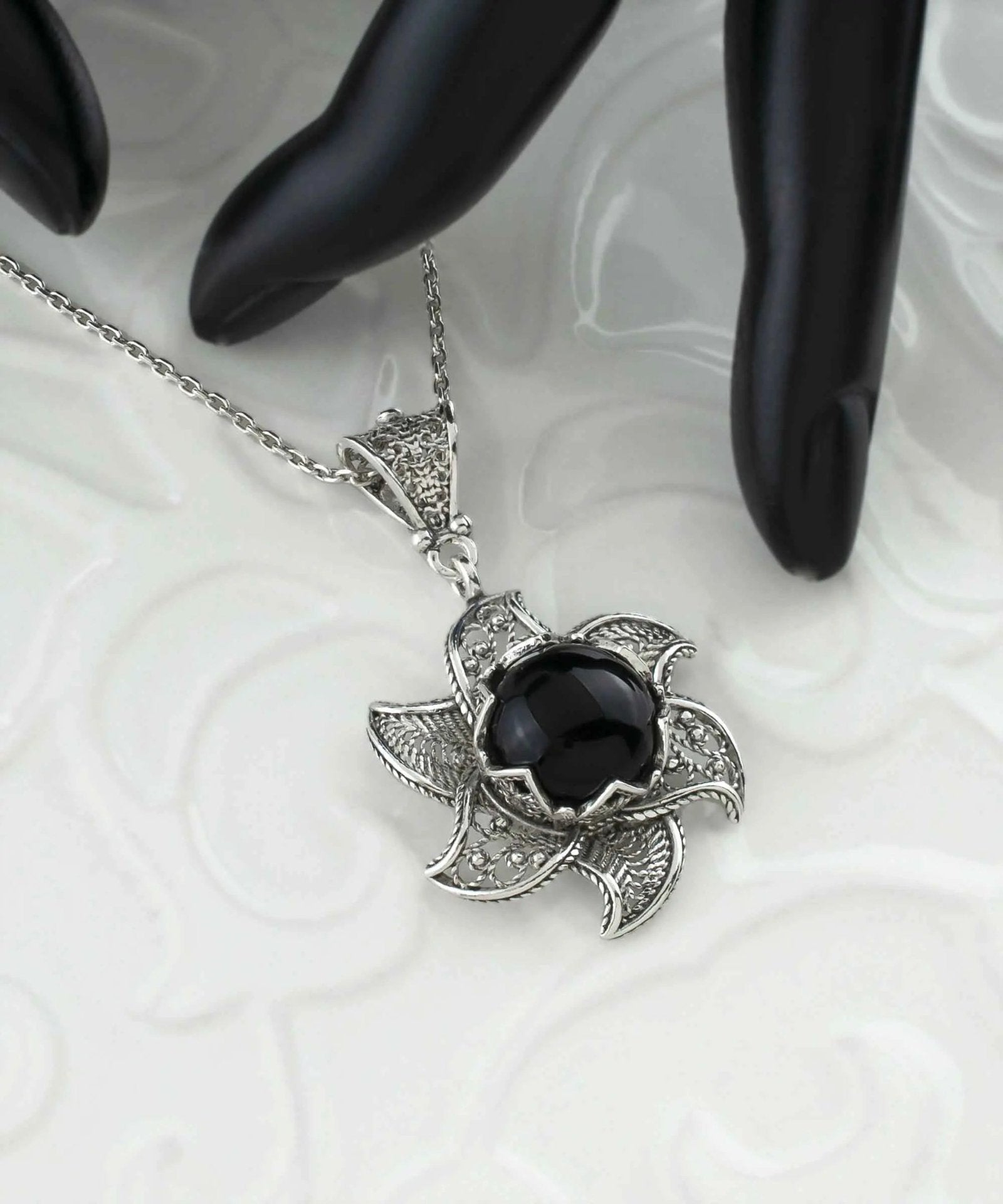 Sterling Silver Filigree Black Onyx Gemstone Blossoming Lotus Flower Pendant Necklace - Drakoi Marketplace