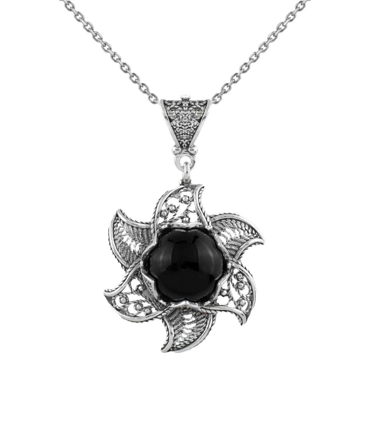 Sterling Silver Filigree Black Onyx Gemstone Blossoming Lotus Flower Pendant Necklace - Drakoi Marketplace