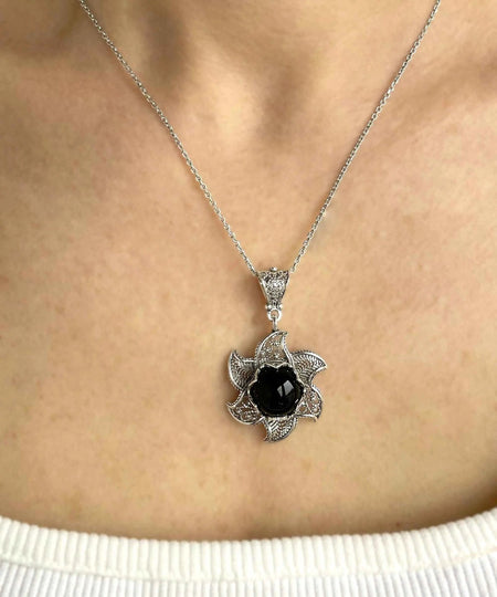 Sterling Silver Filigree Black Onyx Gemstone Blossoming Lotus Flower Pendant Necklace - Drakoi Marketplace