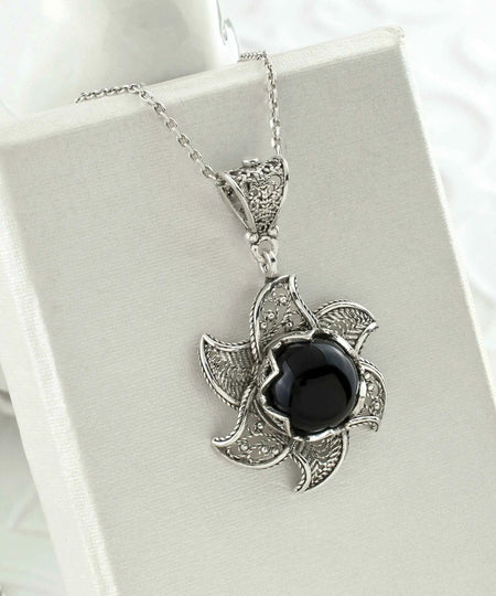 Sterling Silver Filigree Black Onyx Gemstone Blossoming Lotus Flower Pendant Necklace - Drakoi Marketplace