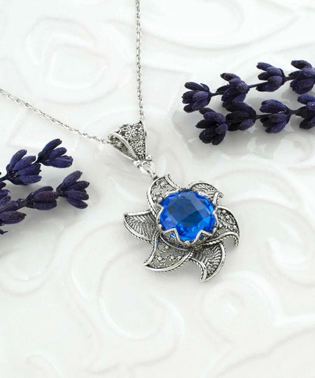 Sterling Silver Filigree Blue Quartz Gemstone Blossoming Lotus Flower Pendant Necklace - Drakoi Marketplace