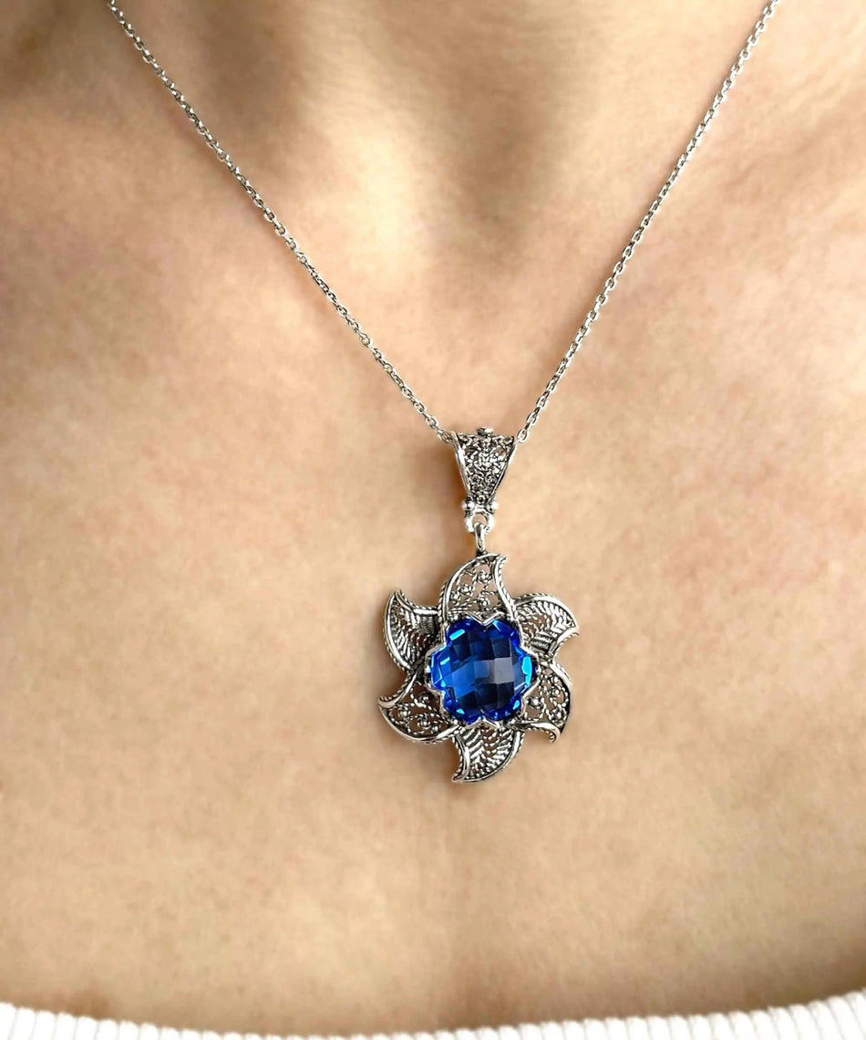 Sterling Silver Filigree Blue Quartz Gemstone Blossoming Lotus Flower Pendant Necklace - Drakoi Marketplace