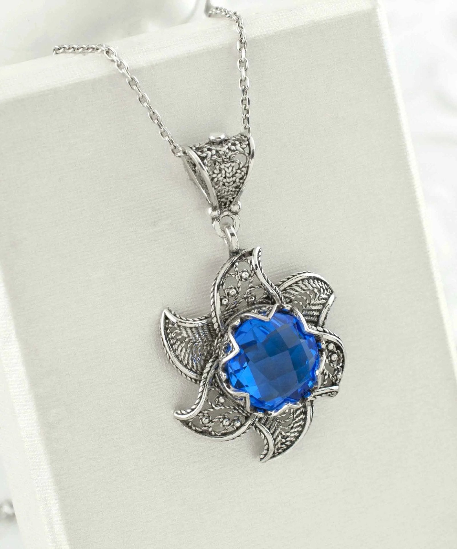 Sterling Silver Filigree Blue Quartz Gemstone Blossoming Lotus Flower Pendant Necklace - Drakoi Marketplace