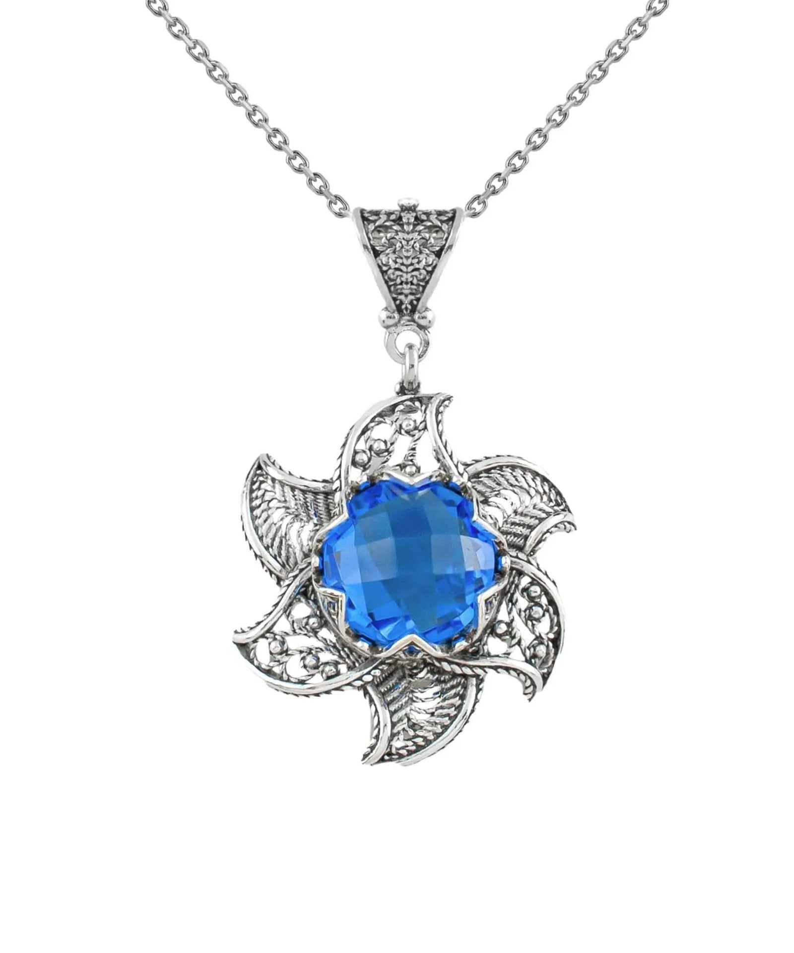 Sterling Silver Filigree Blue Quartz Gemstone Blossoming Lotus Flower Pendant Necklace - Drakoi Marketplace