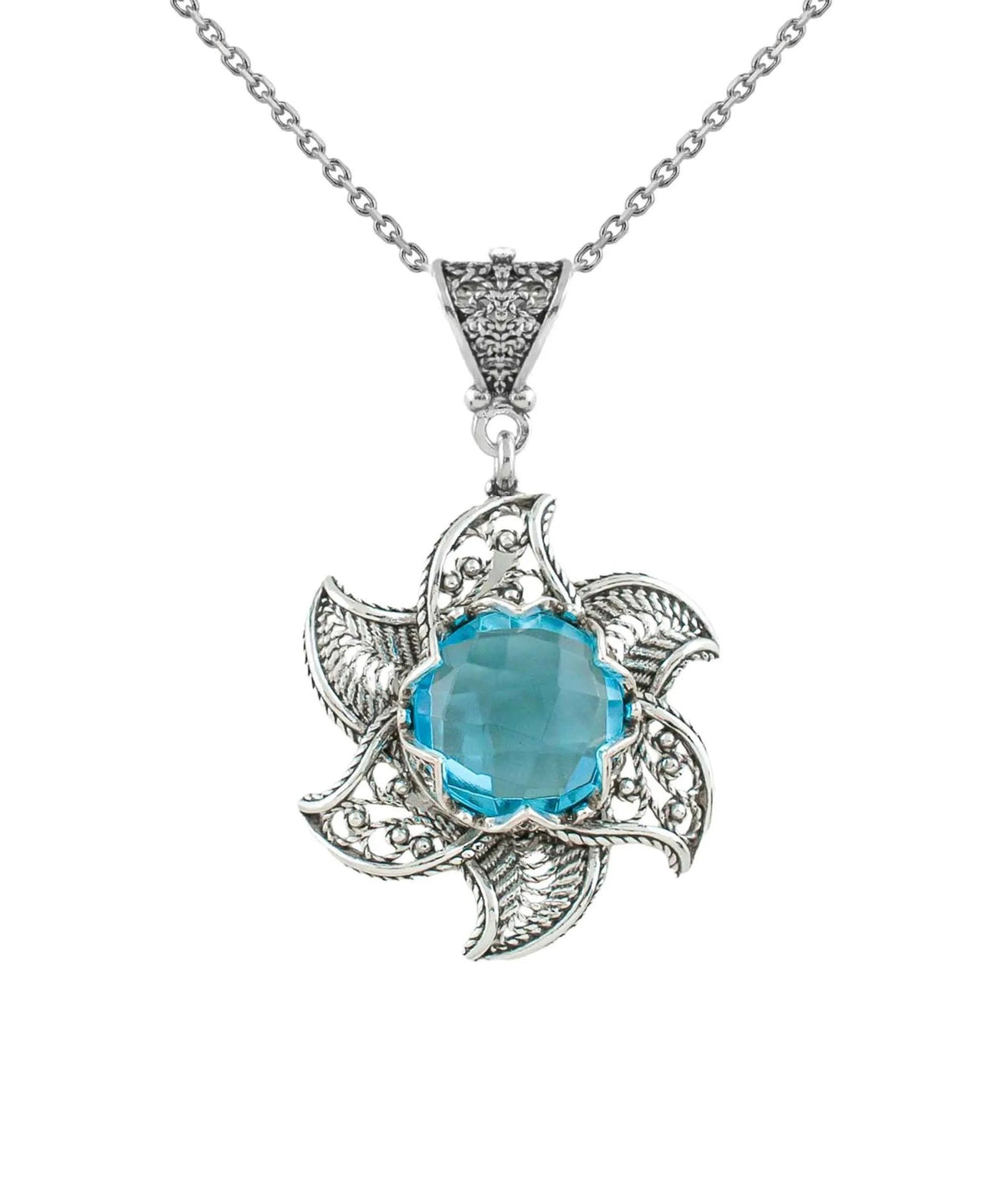 Sterling Silver Filigree Blue Topaz Gemstone Blossoming Lotus Flower Pendant Necklace - Drakoi Marketplace