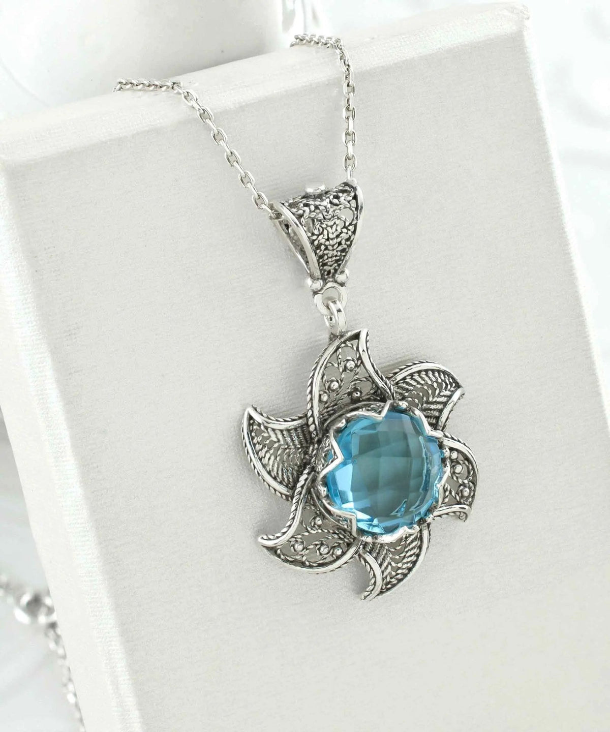 Sterling Silver Filigree Blue Topaz Gemstone Blossoming Lotus Flower Pendant Necklace - Drakoi Marketplace